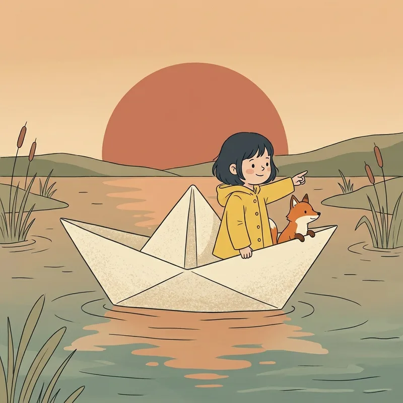 Storybook page: Mia and the fox sailing a paper boat at sunset